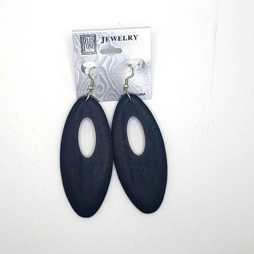 Black wood oval shape long boho style earrings
